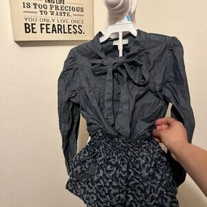 Stylish Denim Blouse & Cameo Skirt Set